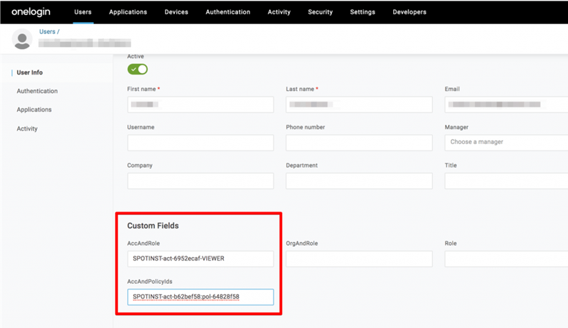 Example of OneLogin Custom Fields for AccAndRole and AccAndPolicyIds