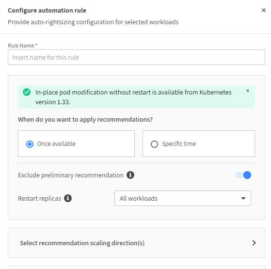 screen that shows how to create or edit a right-sizing-rule